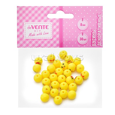 Бусины декоративные "Emoji" пластиковые, размер 0,8 см, 30 шт, желтые, с принтом, в пластиковом пакете с блистерным подвесом