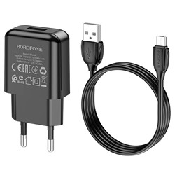 Адаптер Сетевой с кабелем Borofone BA64A (повр. уп.) USB 2,1A/5W (USB/Micro USB) (black)