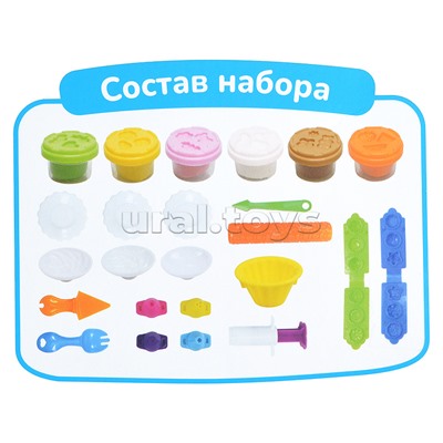 Масса для лепки набор Cupcake set - Любимые пирожные, 3d формы, 18 аксессуаров,  6 баночек с тестом,  (6 x 28 г.)