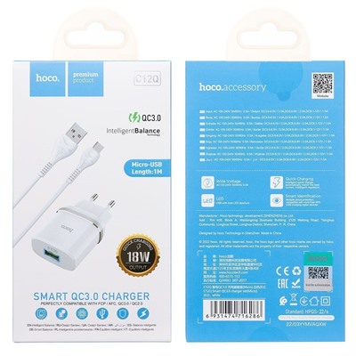 Адаптер Сетевой с кабелем Hoco C12Q QC3.0 USB 3A/18W (USB/Micro USB) (white)