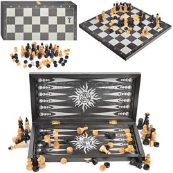 Игра 3в1 малая черная, рисунок серебро с обиходными деревянными шахматами "Объедовские" (нарды, шахм