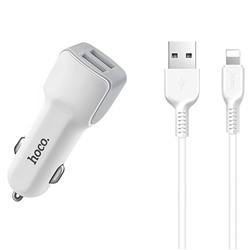 Адаптер Автомобильный с кабелем Hoco Z23 2USB/5V/2.4A +lightning (white)