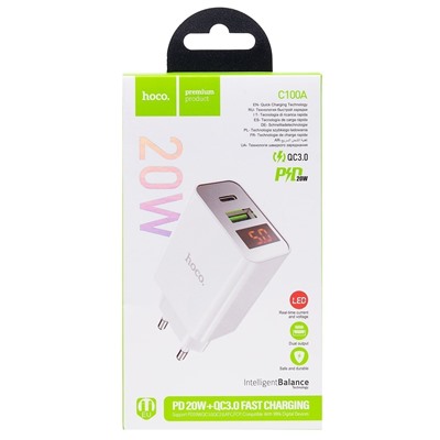 Адаптер Сетевой Hoco C100A PD QC3.0 USB/Type-C 20W (white)