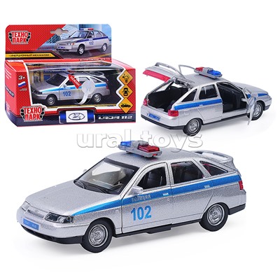 Машина металл ВАЗ-2112 Полиция 12 см, (двери,багаж, свет-звук, серебристый) в коробке