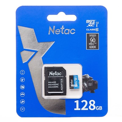 Карта флэш-памяти MicroSD 128 Гб Netac P500  Standard  UHS-I (90 Mb/s) + SD адаптер (Class 10)