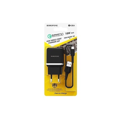 Адаптер Сетевой с кабелем Borofone BA36A High QC3.0 USB 3A/18W (USB/Micro USB) (black)