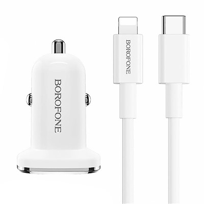 Адаптер Автомобильный с кабелем Borofone BZ12B Lasting power PD3.0 1USB-C/5V/3A +Type-C to Lightning (white)