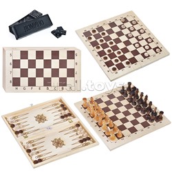 Набор 4 в 1 Шахматы гроссмейстерские + шашки деревянные + нарды + домино с доской (415*215)