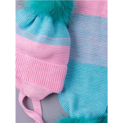 Шапка вязаная детская с помпоном на завязках, меланж + шарф с помпонами, розовый