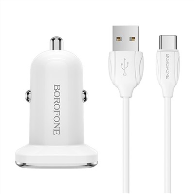 Адаптер Автомобильный с кабелем Borofone BZ12A Lasting power single port QC3.0 1USB/5V/3A +Type-C (white)