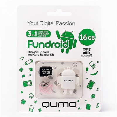 Карта флэш-памяти MicroSD 16 Гб Qumo с USB картридером FUNDROID (class 10) (white)