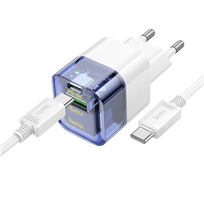 Адаптер Сетевой с кабелем Hoco C131a PD USB/Type-C 30W (Type-C/Type-C) (transparent blue)