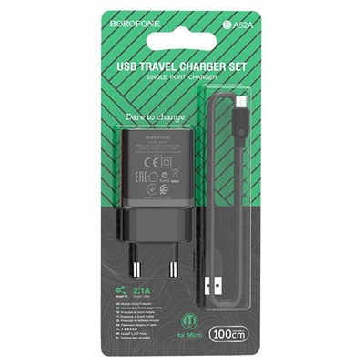 Адаптер Сетевой с кабелем Borofone BA52A Gamble USB 2,1A/10W (USB/Micro USB) (black)