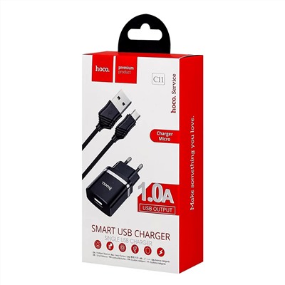 Адаптер Сетевой с кабелем Hoco C11 Smart single Q0.3 USB 1A/ (USB/Micro USB) (black)