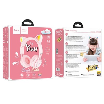 Bluetooth-наушники полноразмерные Hoco W39 Cat ear kids BT (повр. уп.) (pink)