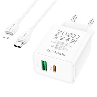 Адаптер Сетевой с кабелем Borofone BA67A PD QC3.0 USB/Type-C 3A/20W (Lightning/Type-C) (white)
