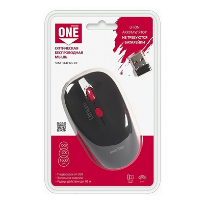 Мышь оптическая беспроводная Smart Buy SBM-344CAG-KR ONE с зарядкой от USB (black/red)