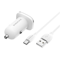 Адаптер Автомобильный с кабелем Borofone BZ12A Lasting power single port QC3.0 1USB/5V/3A +Type-C (white)