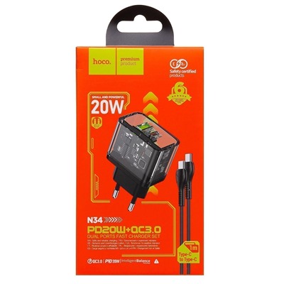 Адаптер Сетевой с кабелем Hoco N34 Dazzling PD QC3.0 USB/Type-C 3A/20W (Type-C/Type-C) (black)