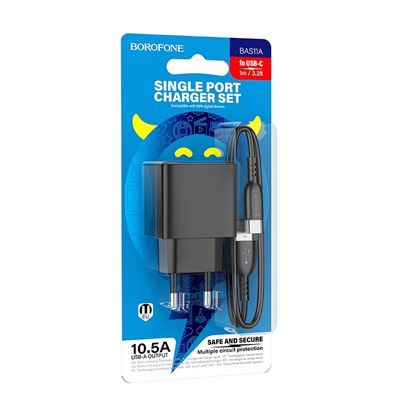 Адаптер Сетевой с кабелем Borofone BAS11A Erudite USB 2,1A/10,5W (USB/Type-C) (black)