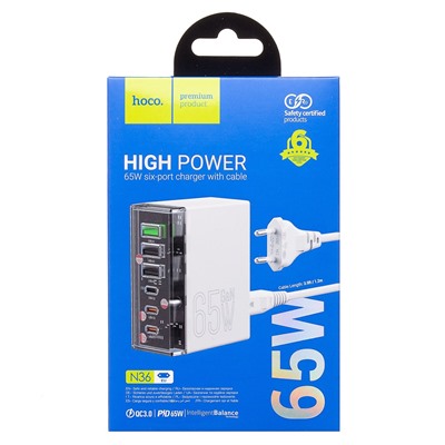 Адаптер Сетевой Hoco N36 Fuerza PD 3USB/3Type-C 65W (white)