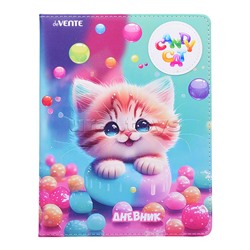 Дневник 1-11 кл. "Candy Cat" универсальный блок, 48 листов, белая бумага 80 г/м2, печать в 1 краску, твердая обложка из искусственной кожи с поролоном, цветная печать, аппликация из искусственной кожи, отстрочка, цветной форзац, 1 ляссе