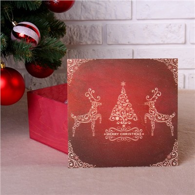 Коробка подарочная "Merry Christmas, c оленями", бордовая, 20×20×10 см