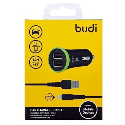 Адаптер Автомобильный с кабелем budi M8J061L 2USB/5V/3.4A +lightning (повр. уп.) (black)