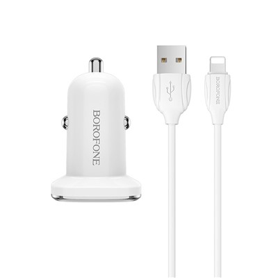 Адаптер Автомобильный с кабелем Borofone BZ12 Lasting 2USB/5V/2.4A +Lightning (white)