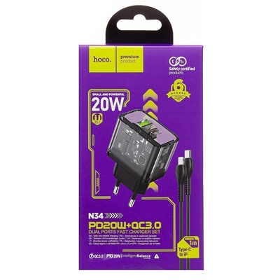 Адаптер Сетевой с кабелем Hoco N34 Dazzling PD QC3.0 USB/Type-C 3A/20W (Type-C/Lightning) (black)