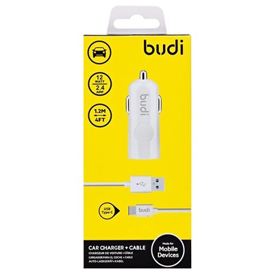 Адаптер Автомобильный с кабелем budi M8J062T 1USB/5V/2.4A +Type-C (повр. уп.) (white)