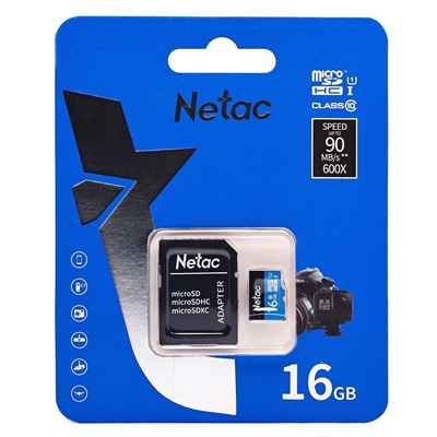 Карта флэш-памяти MicroSD 16 Гб Netac P500  Standard  UHS-I (90 Mb/s) + SD адаптер (Class 10)