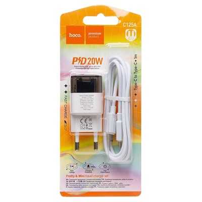 Адаптер Сетевой с кабелем Hoco C125A Transparent PD Type-C 3A/20W (Type-C/Type-C) (black/white)