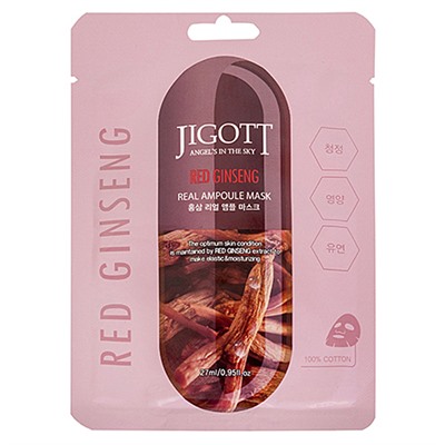 Jigott Маска ампульная с экстрактом красного женьшеня - Red ginseng real ampoule mask, 27мл