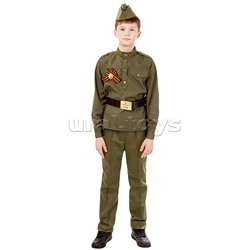 Костюм "Солдат хлопок" (гимнастерка, брюки, пилотка, ремень,георгиевская лента) размер 128