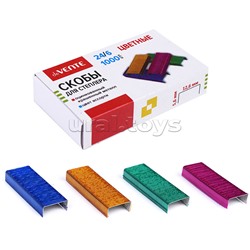 Скобы для степлера цветные 24/6, 4 цвета ассорти, 1000 шт в картонной коробке