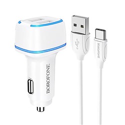 Адаптер Автомобильный с кабелем Borofone BZ14 Max 2USB/5V/2.4A +Type-C (white)