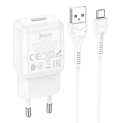 Адаптер Сетевой с кабелем Hoco C96A USB 2,1A/10W (USB/Micro USB) (white)