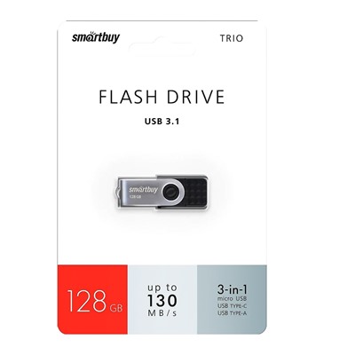 Флэш накопитель USB/MicroUSB 128 Гб Smart Buy Trio 3-in-1 OTG (USB Type-A+USB Type-C+micro USB) (black/grey)