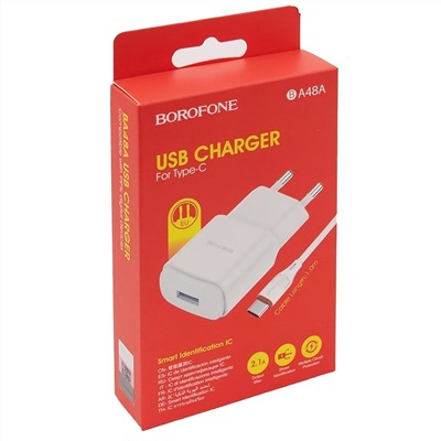 Адаптер Сетевой с кабелем Borofone BA48A Orion USB 2,1A/10W (USB/Type-C) (white)