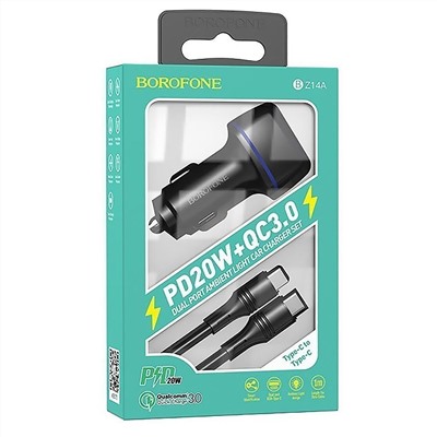 Адаптер Автомобильный с кабелем Borofone BZ14A Mercury USB/Type-C/5V/3.4A PD+QC3.0 Type-C/Type-C (black)