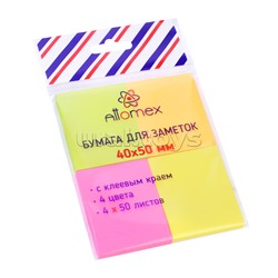 Клейкая бумага для заметок "Attomex" 40x50 мм, 50 листов, офсет 75 г/м², 4 неоновых цвета, в пластиковом пакете с европодвесом