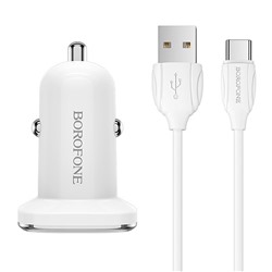 Адаптер Автомобильный с кабелем Borofone BZ12 Lasting 2USB/5V/2.4A +Type-C (white)