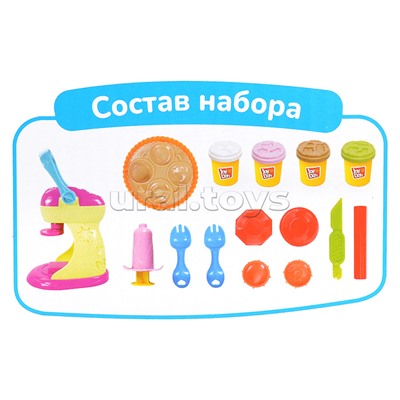 Масса для лепки набор Spin pastry machine - пирожница, фабрика пирожных, 11 аксессуаров, 4 баночки с тестом,  (4 x 56 г.)