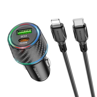 Адаптер Автомобильный Borofone BZ21 Brilliant PD/QC3.0 48W USB/Type-C (Type-C/Lightning) (black carbon)