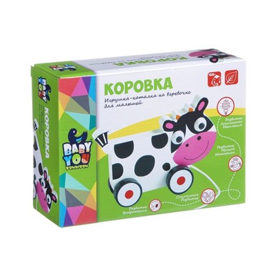 Игр. дерев., каталка с веревочкой Коровка, Bondibon, BOX 17х6х14,2 см., арт. TKB109