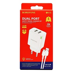 Адаптер Сетевой с кабелем Borofone BN15 Strong 2USB 2,1A/10,5W (USB/Type-C) (white)