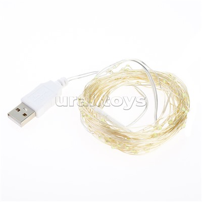 Электрогирлянда светодиодная 10 м, 100 ламп, белый, USB