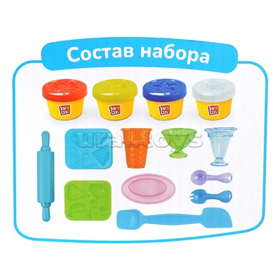 Масса для лепки набор Ice-cream set - Мороженое, доп. пресс-формы для фруктов, 10 аксессуаров, 4 баночки с тестом,  (4 х 50г.)