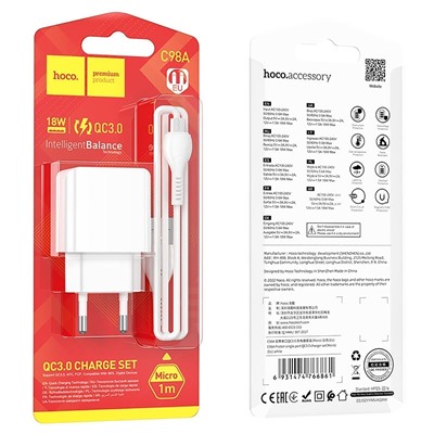 Адаптер Сетевой с кабелем Hoco C98A Proton USB 3A/18W (USB/Micro USB) (white)